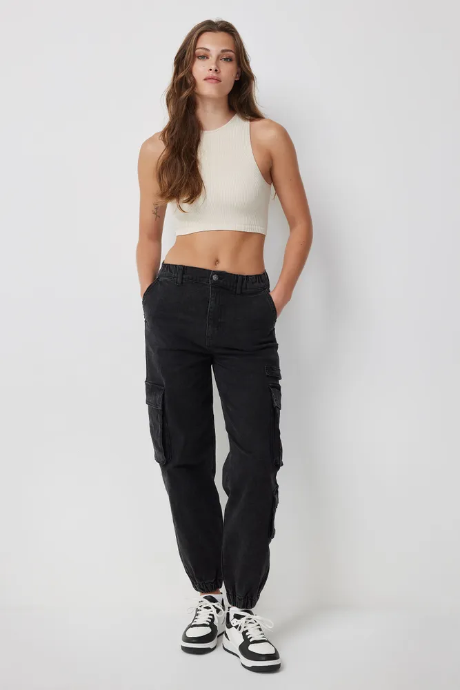 Ardene Ardene High Rise Denim Cargo Joggers in | Size | Polyester/Spandex/Cotton