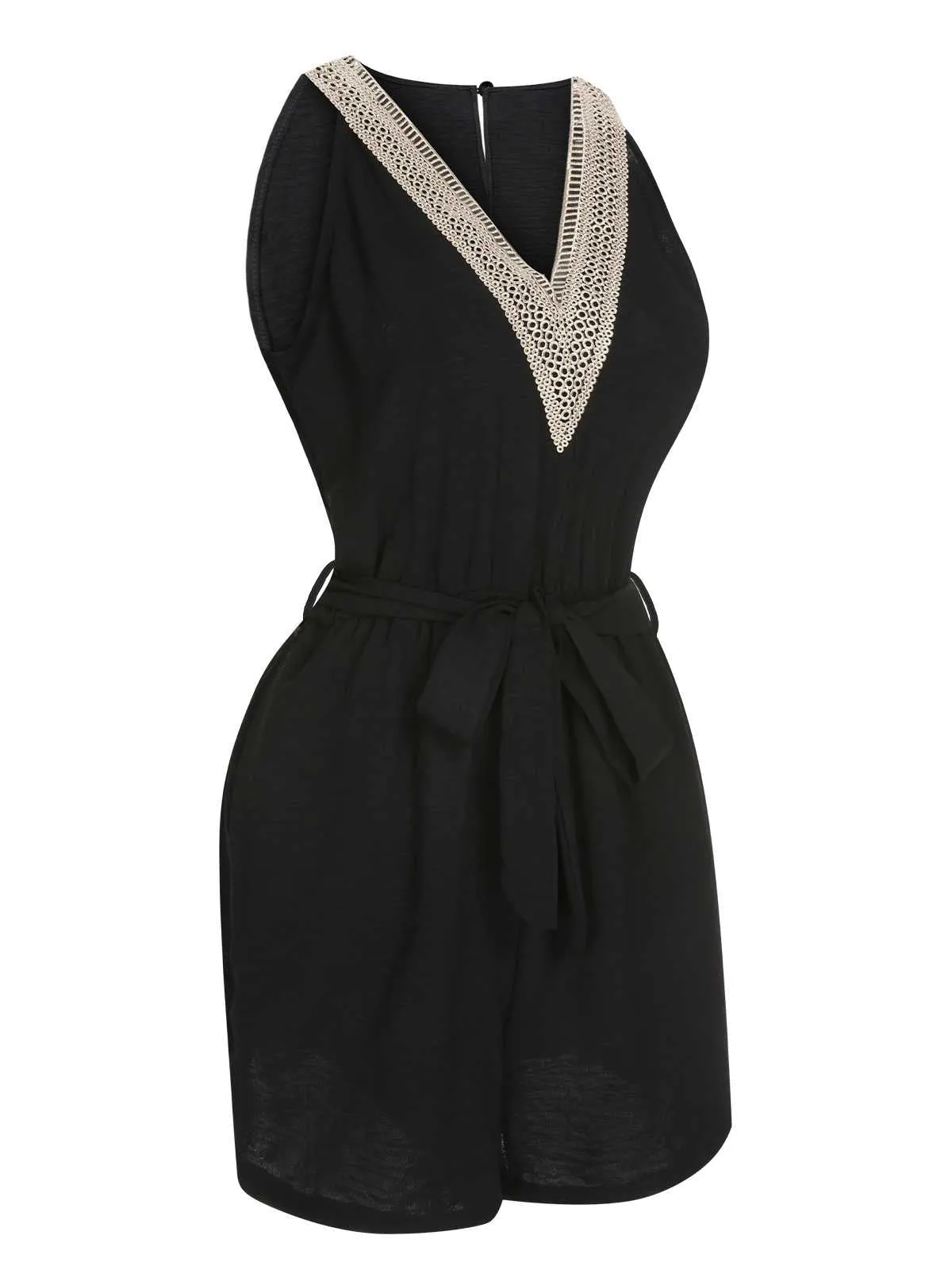 Black 1960s V-Neck Belted Romper