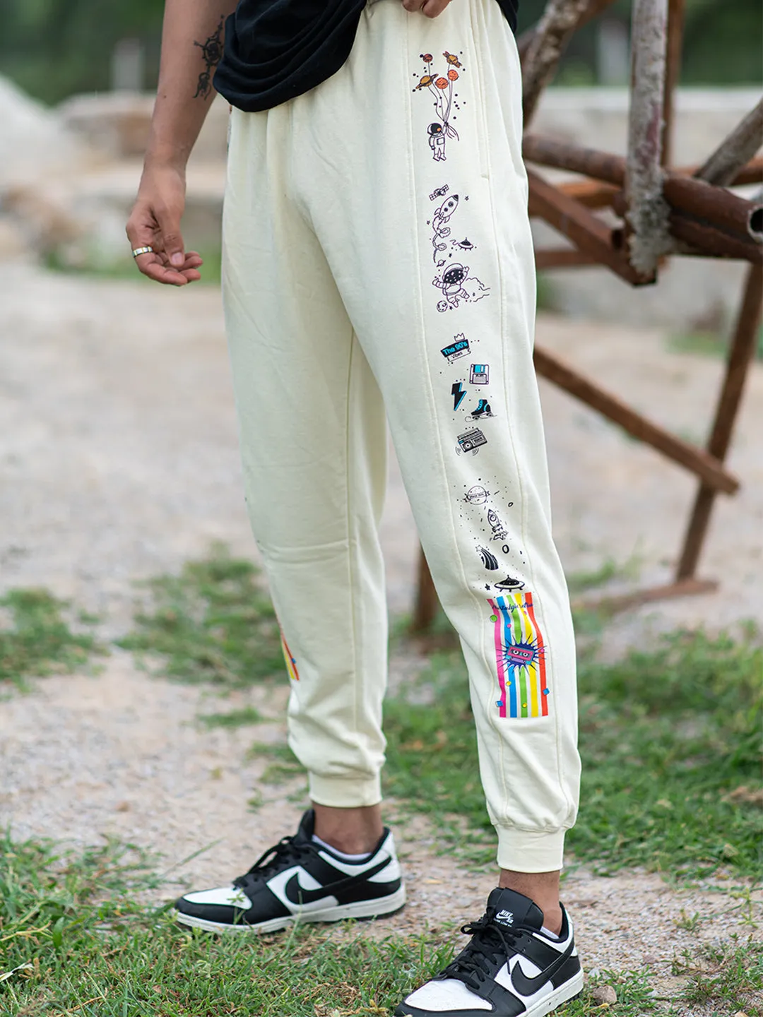 Cream Space Printed Cotton Joggers