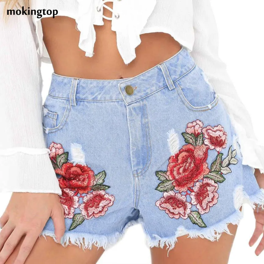 Feitong Denim Shorts Women Applique Hole Shorts Sexy Jeans High Waist Ladies Summer Shorts combinaison short femme#08 SM6