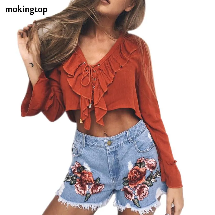 Feitong Denim Shorts Women Applique Hole Shorts Sexy Jeans High Waist Ladies Summer Shorts combinaison short femme#08 SM6