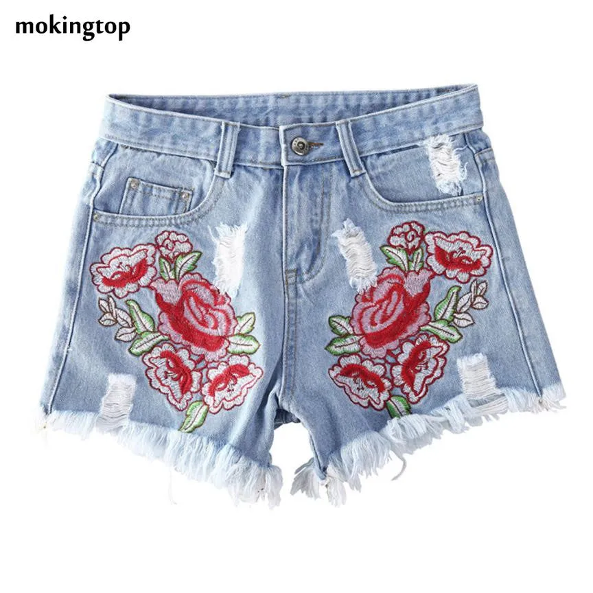 Feitong Denim Shorts Women Applique Hole Shorts Sexy Jeans High Waist Ladies Summer Shorts combinaison short femme#08 SM6