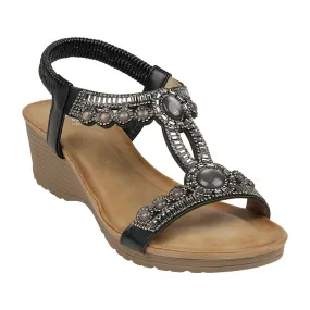 Fiah Black Jeweled Slingback Wedge Sandals