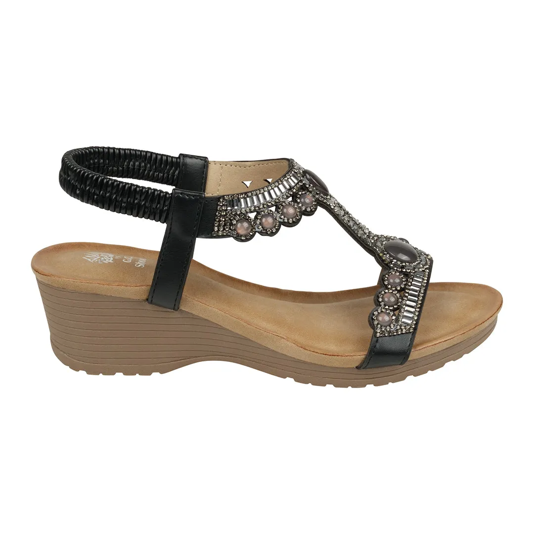 Fiah Black Jeweled Slingback Wedge Sandals