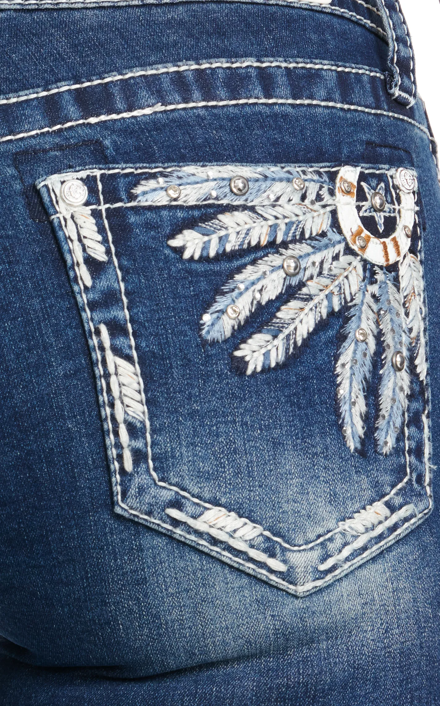 Grace in L.A. Women's Dark Wash Horseshoes & Feathers Embroidered Easy Fit Jeans