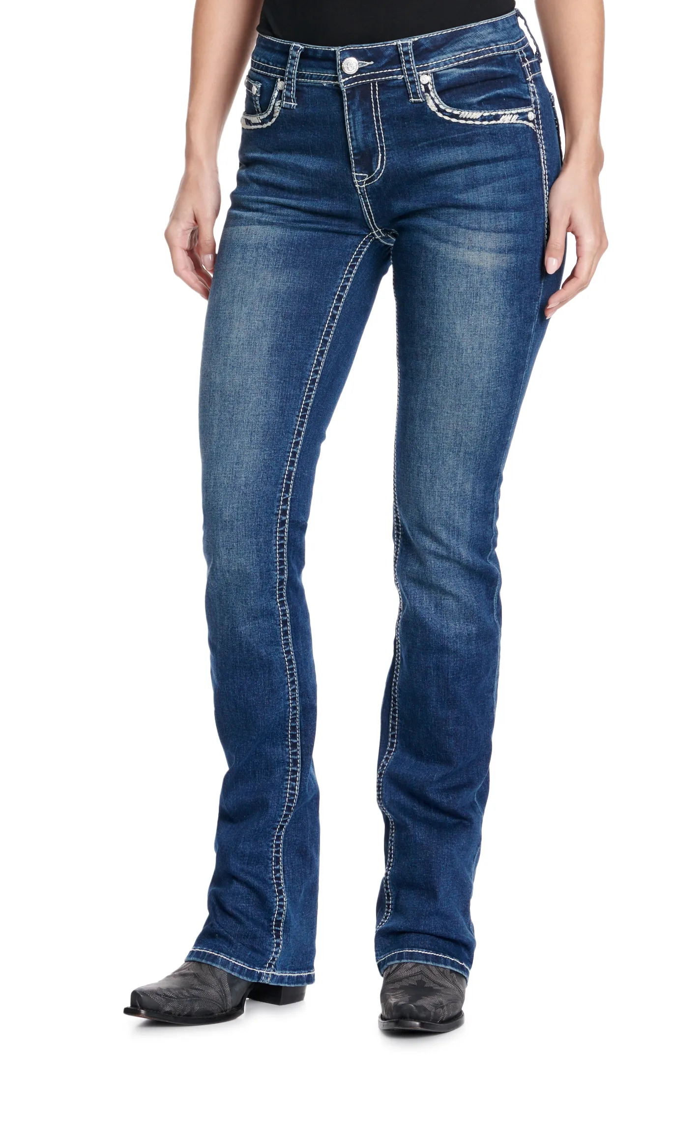 Grace in L.A. Women's Dark Wash Horseshoes & Feathers Embroidered Easy Fit Jeans