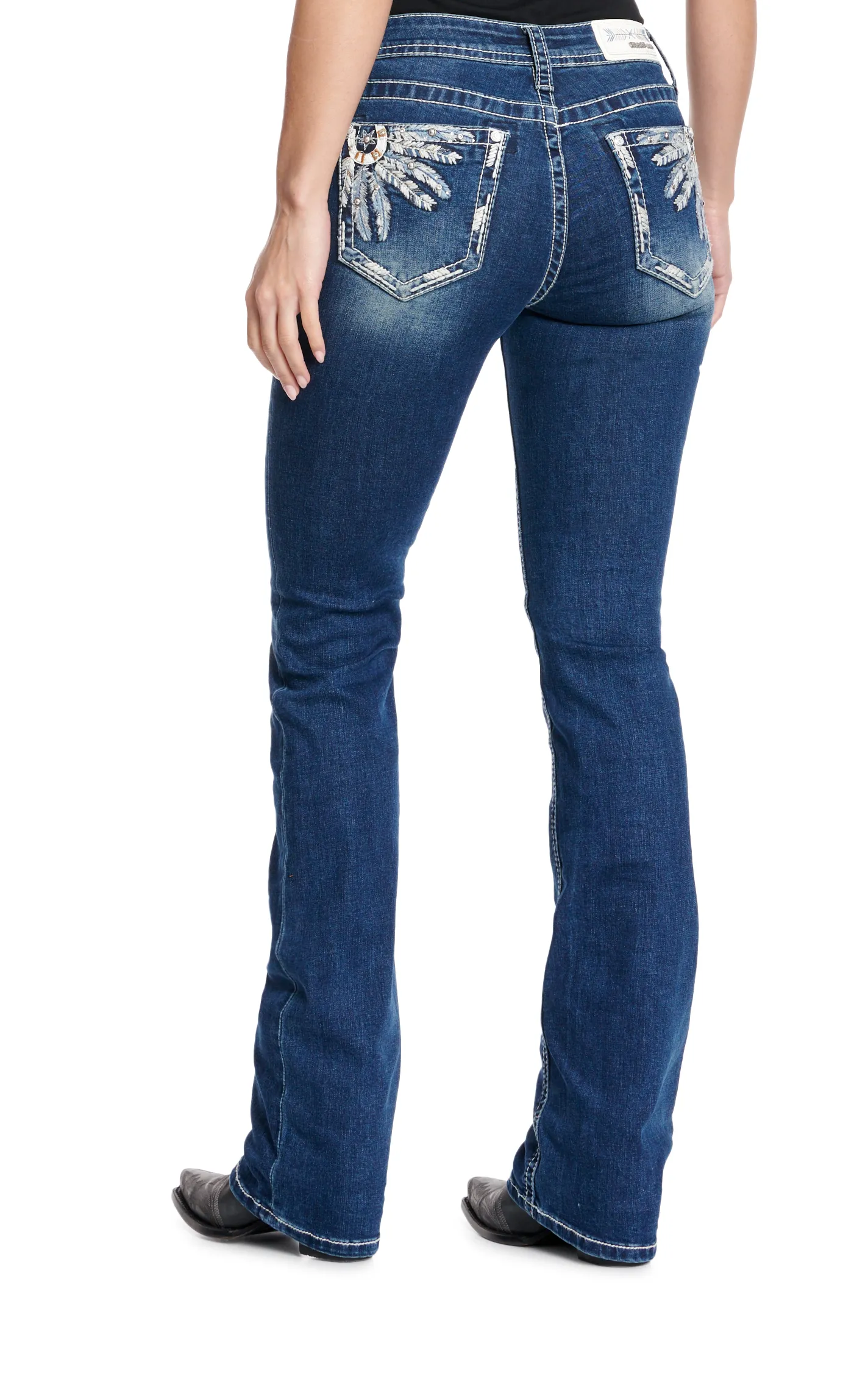 Grace in L.A. Women's Dark Wash Horseshoes & Feathers Embroidered Easy Fit Jeans