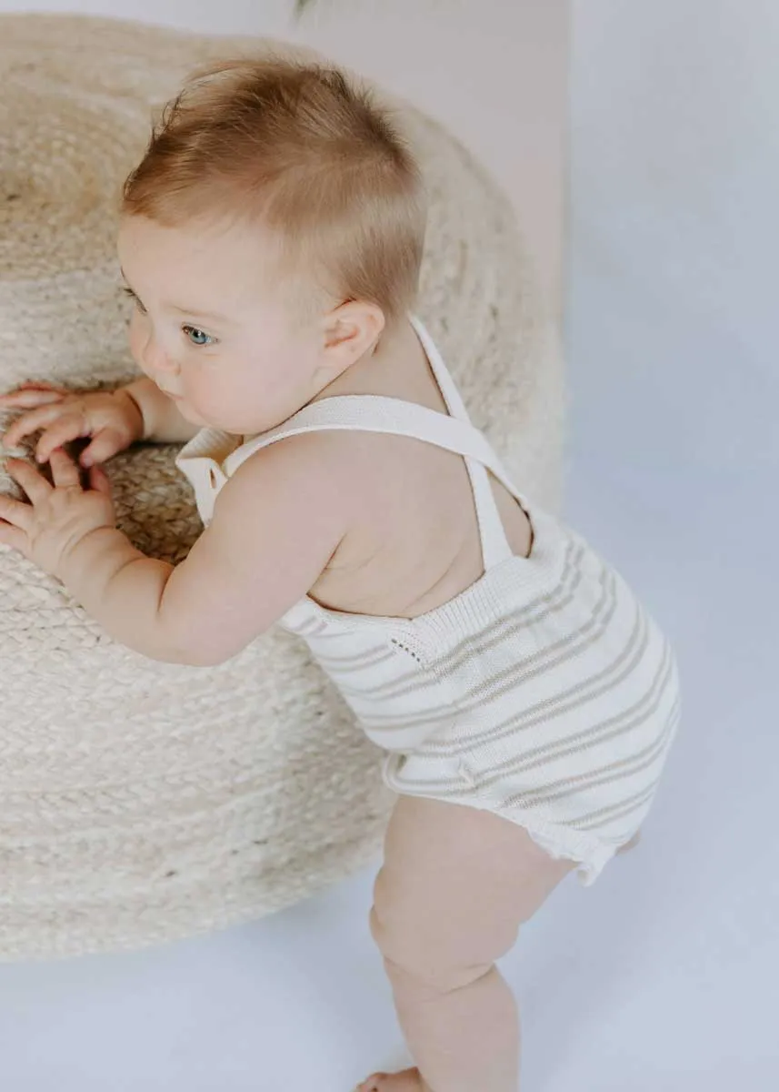 Knit Bubble Romper - Oatmilk & Mushroom Stripe