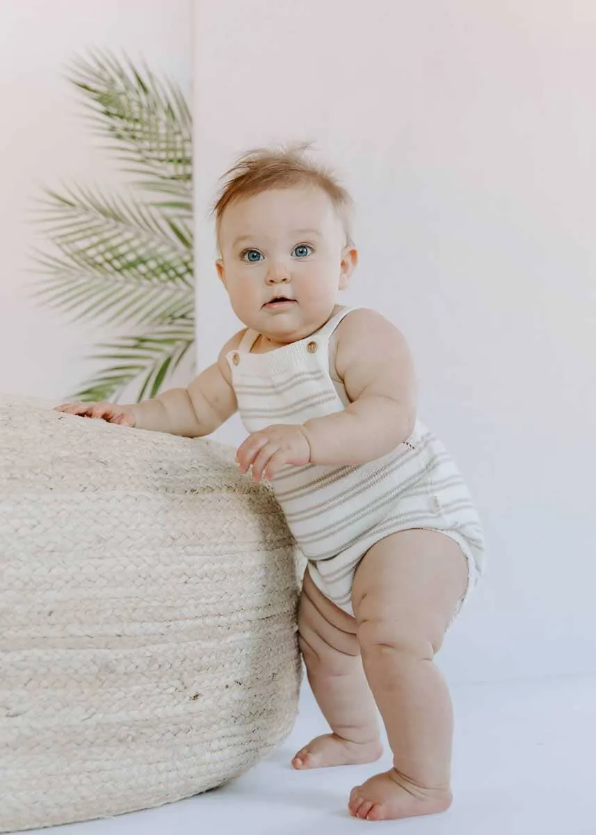 Knit Bubble Romper - Oatmilk & Mushroom Stripe