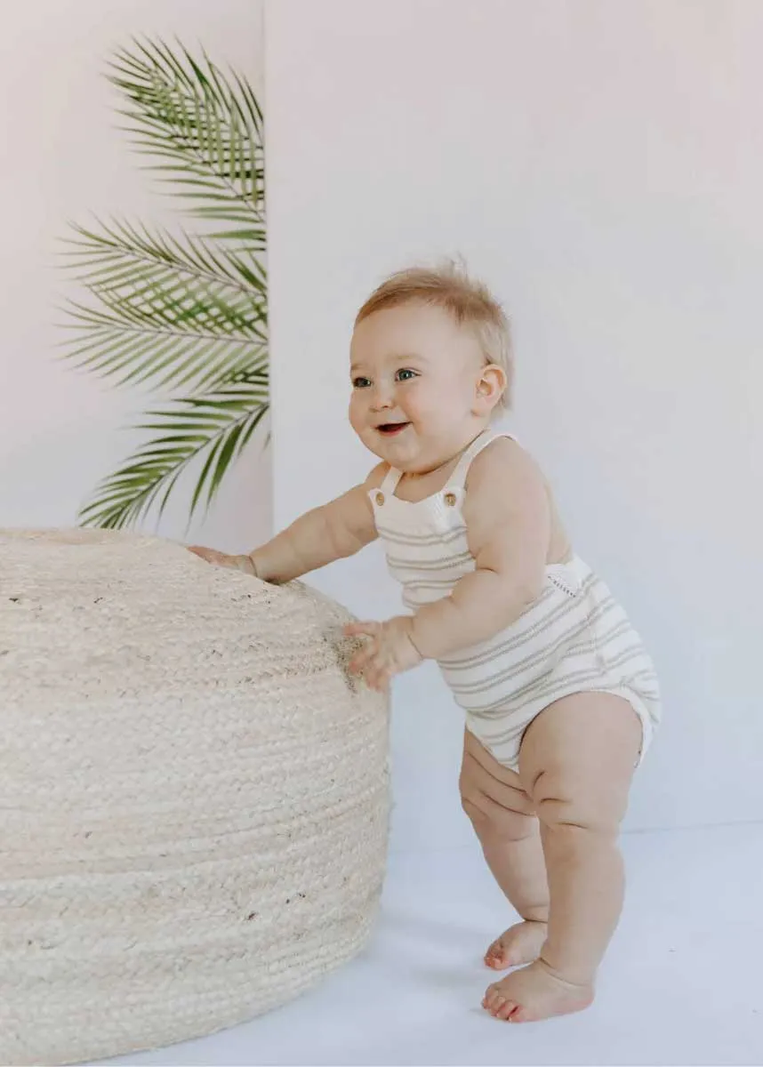 Knit Bubble Romper - Oatmilk & Mushroom Stripe