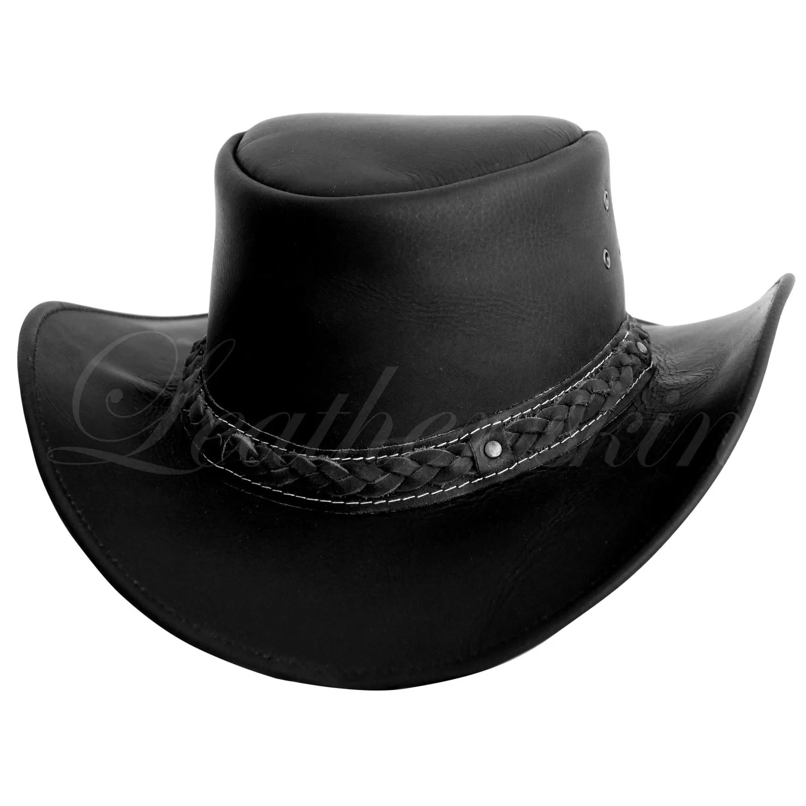 Men Handmade Black Hat Aussie Bush Cowboy Western Outback Leather Hat - Leather Skin Shop