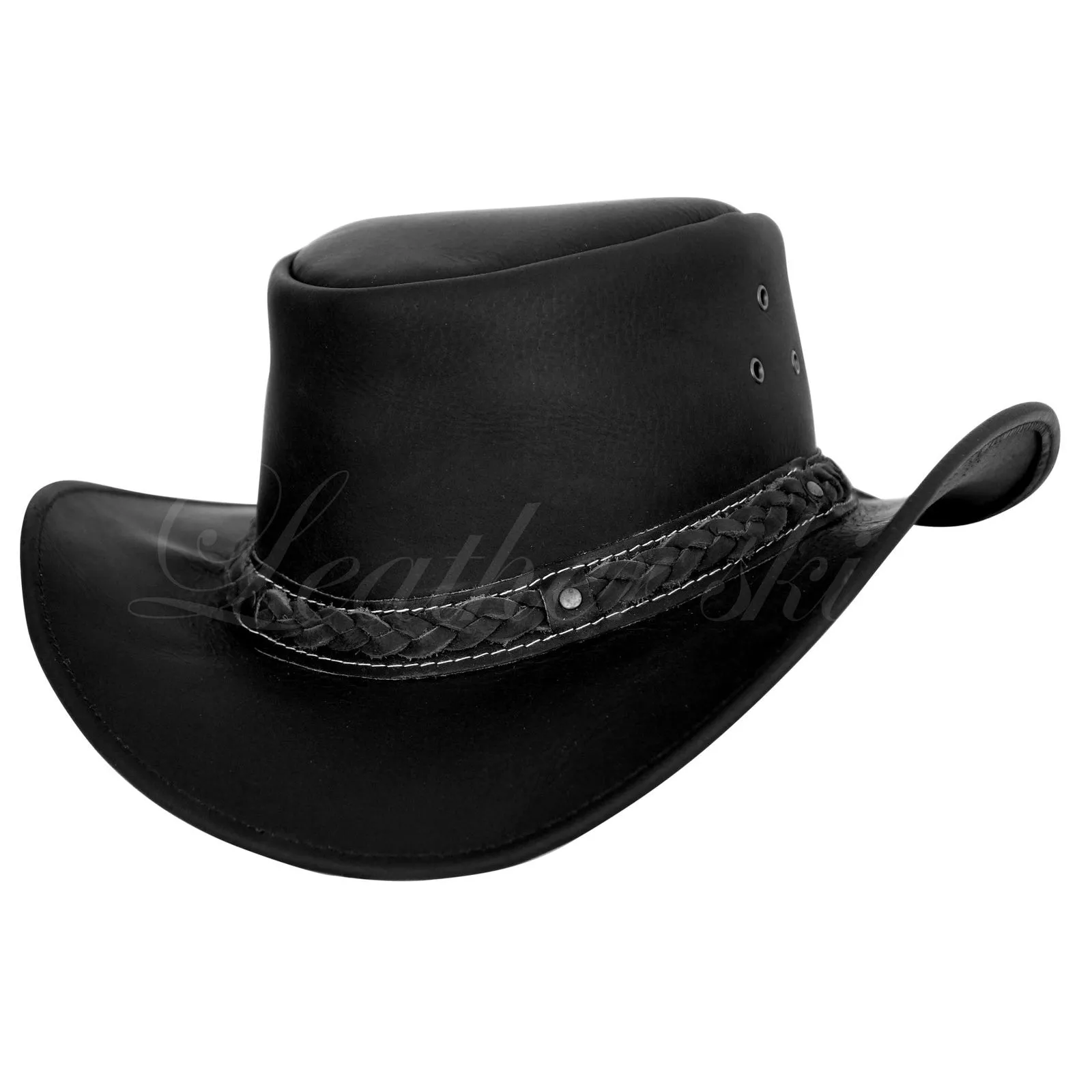 Men Handmade Black Hat Aussie Bush Cowboy Western Outback Leather Hat - Leather Skin Shop