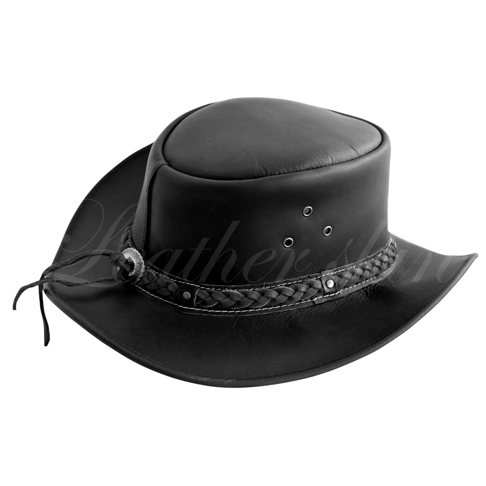 Men Handmade Black Hat Aussie Bush Cowboy Western Outback Leather Hat - Leather Skin Shop