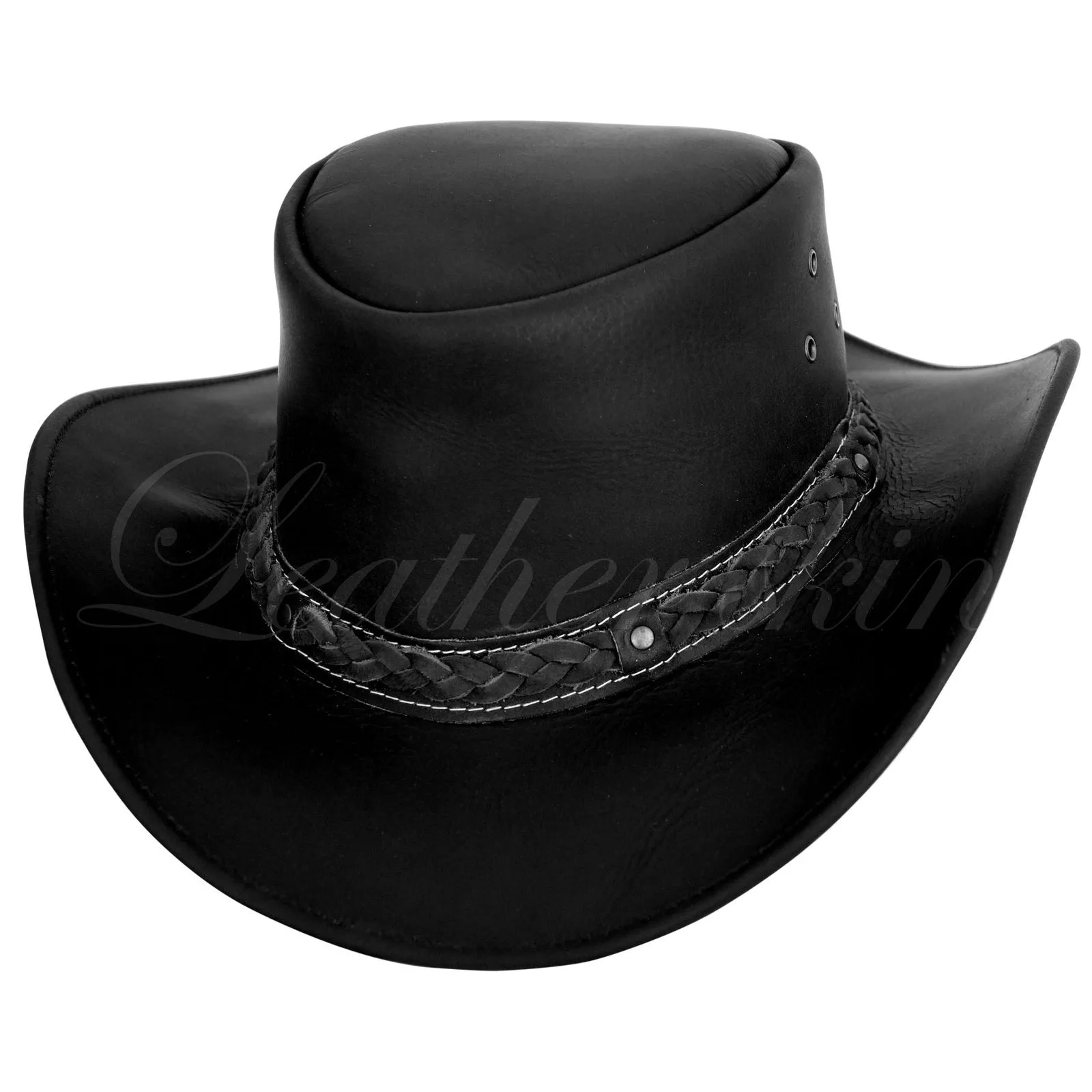 Men Handmade Black Hat Aussie Bush Cowboy Western Outback Leather Hat - Leather Skin Shop