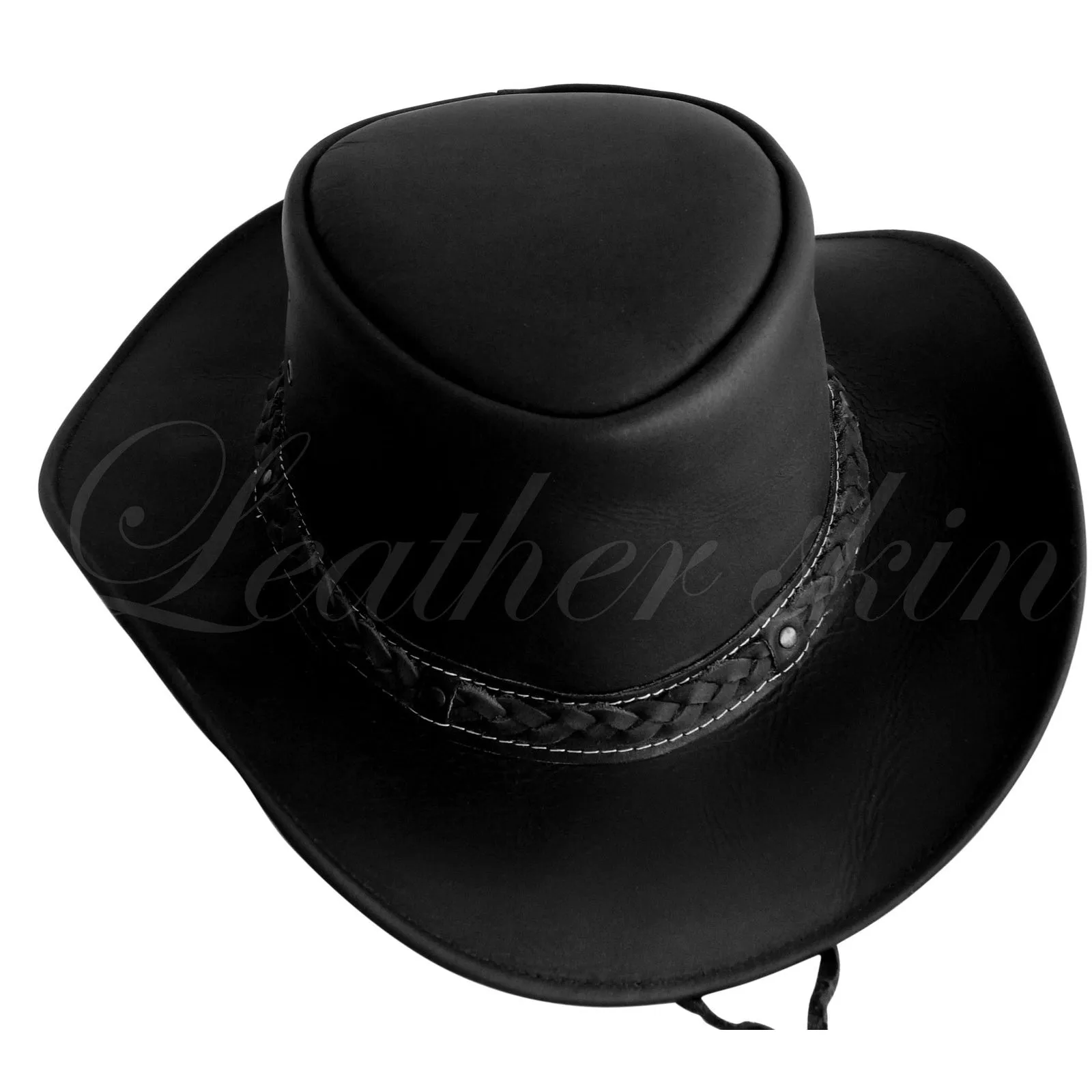 Men Handmade Black Hat Aussie Bush Cowboy Western Outback Leather Hat - Leather Skin Shop