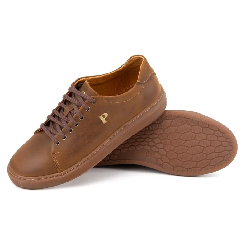 Men's leather sneakers POLBUT 2127 camel brown