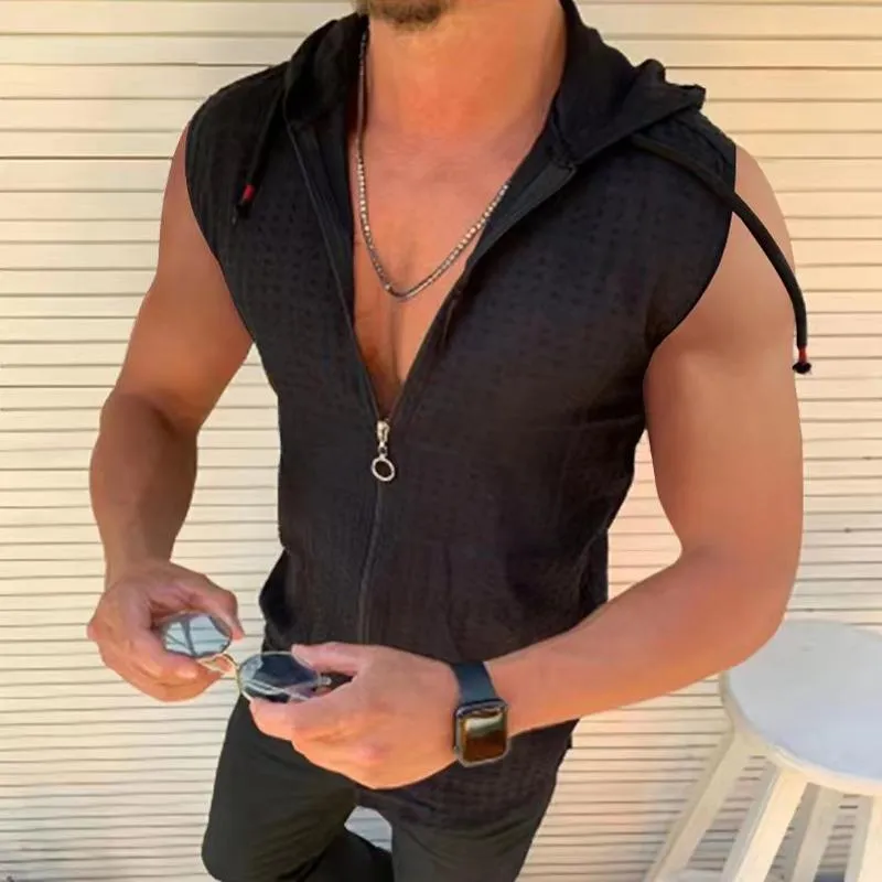 Men's Casual Solid Color Plaid Hooded Zipper Sleeveless Tank Top Shirt 56817301Y