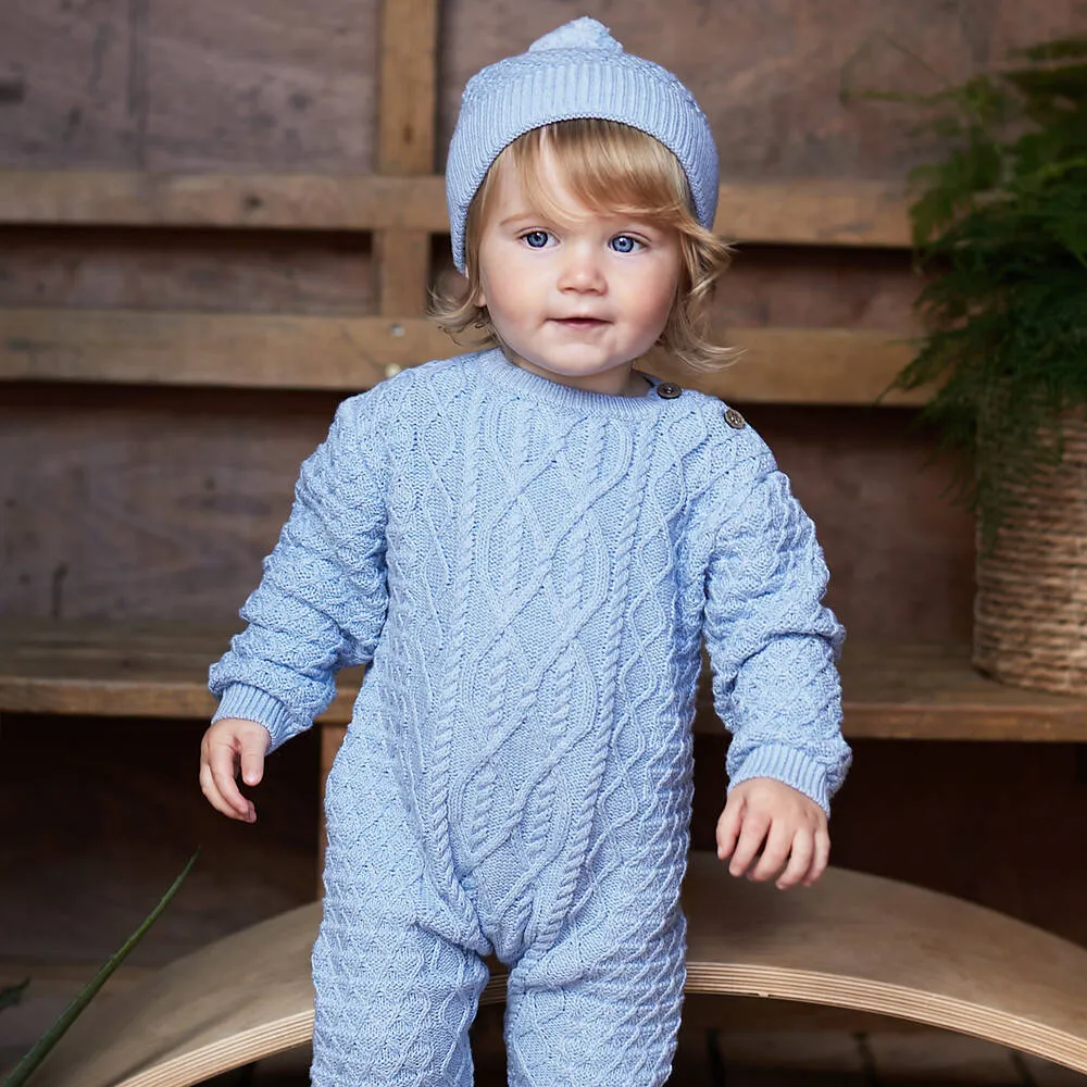 Pale Blue Knit Romper & Hat Set