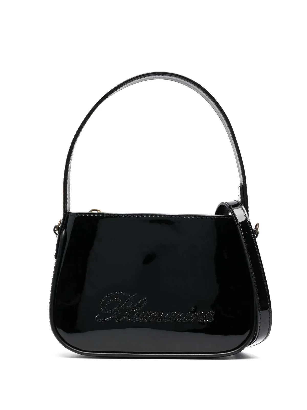 Patent Leather Bag with Rhinestone Logo - Nero