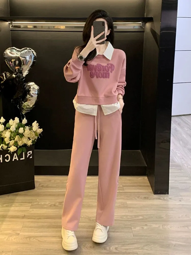 Pink high-end sports and leisure suit for women, spring and autumn fashion, fake two-piece sweatshirt, wide-leg trousers, two-pi