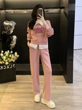 Pink high-end sports and leisure suit for women, spring and autumn fashion, fake two-piece sweatshirt, wide-leg trousers, two-pi