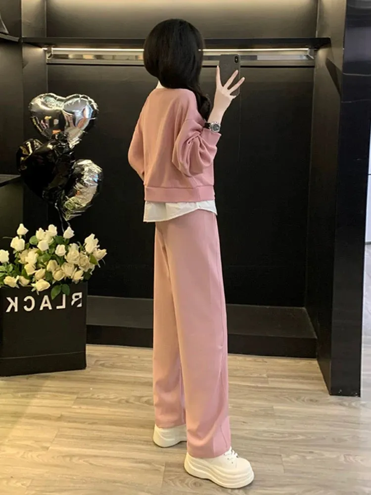 Pink high-end sports and leisure suit for women, spring and autumn fashion, fake two-piece sweatshirt, wide-leg trousers, two-pi