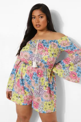 Plus Floral Off Shoulder Flare Sleeve Romper