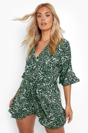 Plus Leopard Wrap Ruffle Romper