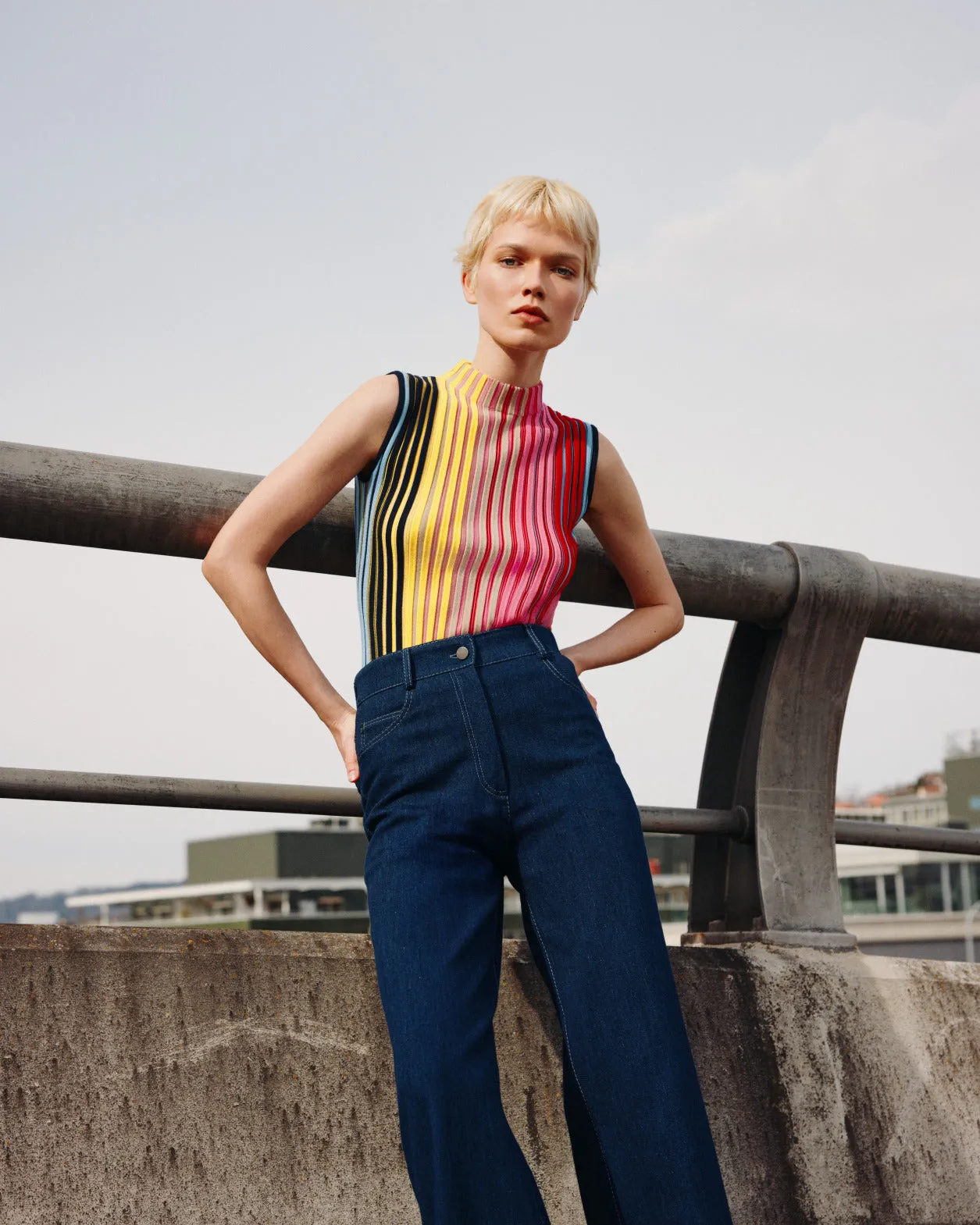 Sleeveless Merino Wool Top with Rainbow Rib