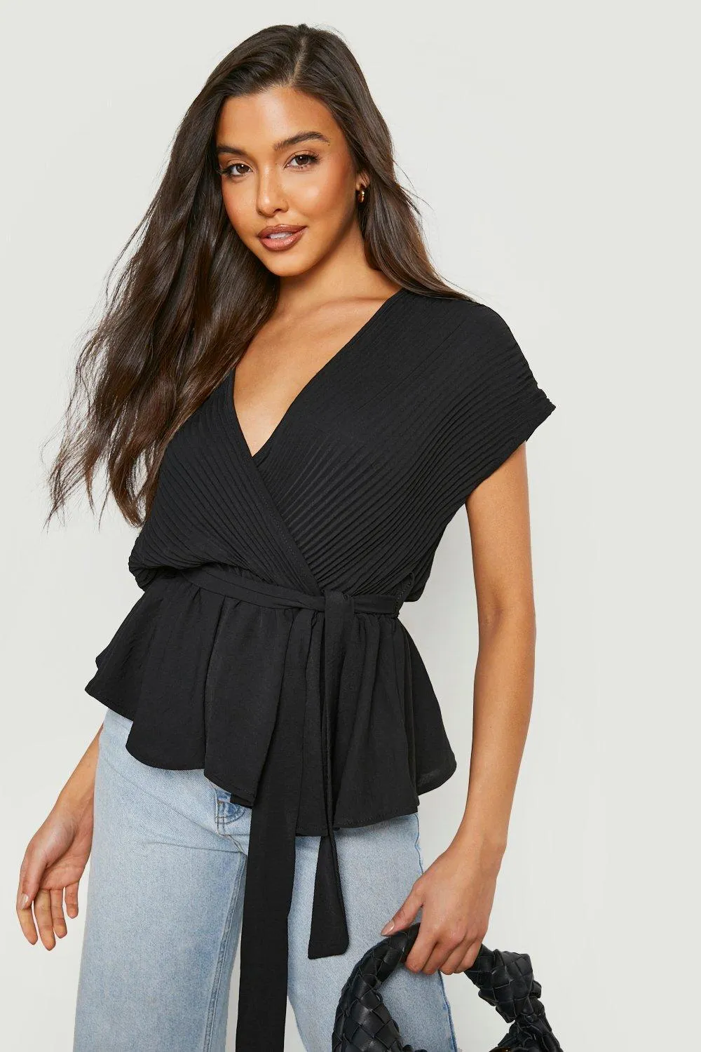 Sleeveless Pleated Wrap Peplum Top