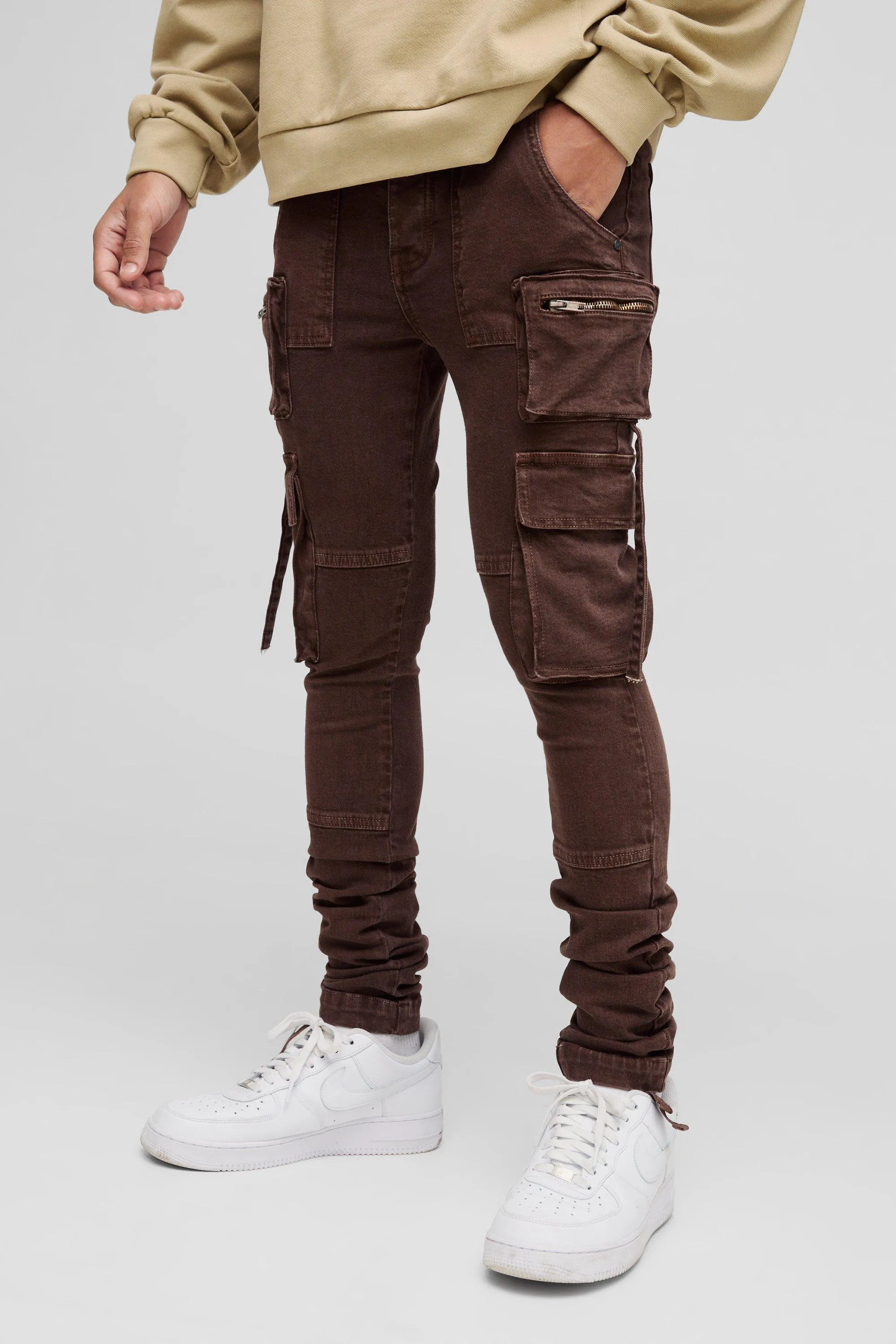 Super Skinny Stretch Chocolate Acid Wash Cargo Jeans