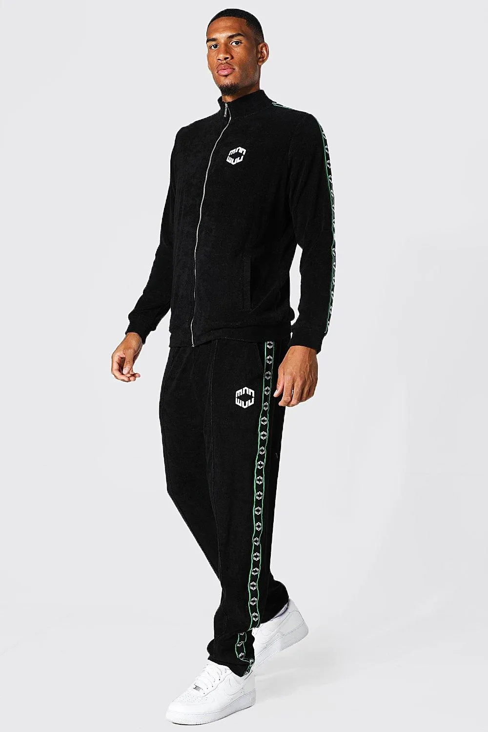 Tall Man Tape Funnel Neck Towelling Tracksuit | boohooMAN UK