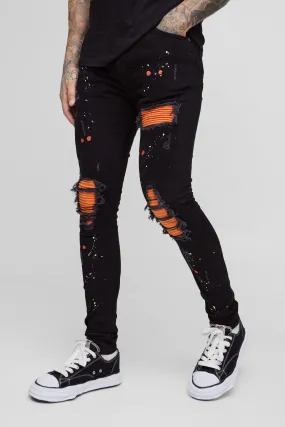 Tall Super Skinny Stretch Biker Rip & Repair Paint Splat Jeans