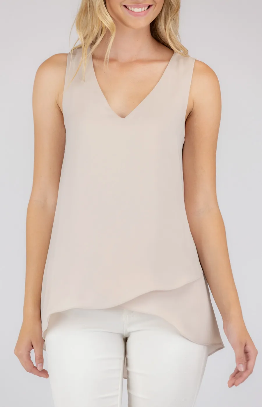 V-Neckline Sleeveless Top with Asymmetrical Hem (ATO903B)