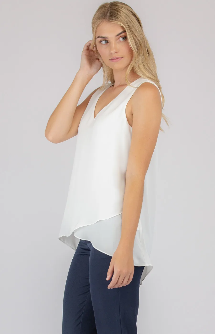 V-Neckline Sleeveless Top with Asymmetrical Hem (ATO903B)