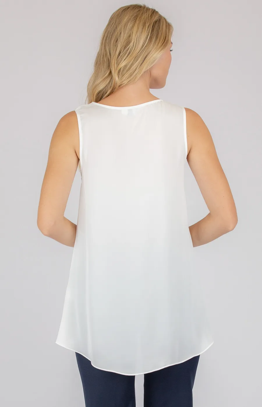 V-Neckline Sleeveless Top with Asymmetrical Hem (ATO903B)