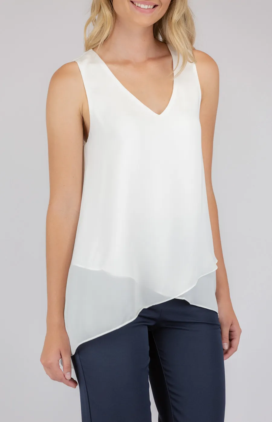 V-Neckline Sleeveless Top with Asymmetrical Hem (ATO903B)